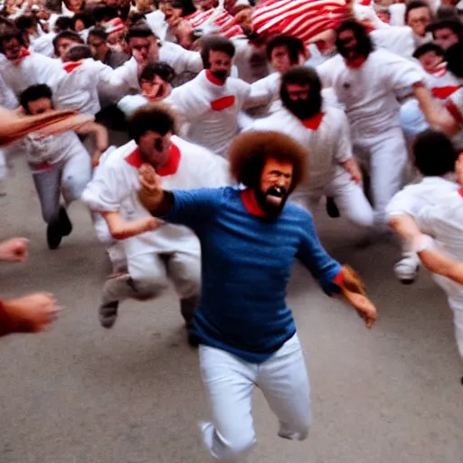 Prompt: close up of screaming bob ross running from the bulls in pamplona spain