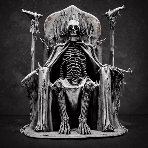 Image similar to “ undead lich on a throne made of bone, hyperdetailed, doom, menacing, supernatural ”