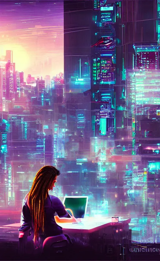 Prompt: digital painting of a cyberpunk female digital artist creating art on computer and there are windows with cyberpunk city skyline in the room, sunrise,