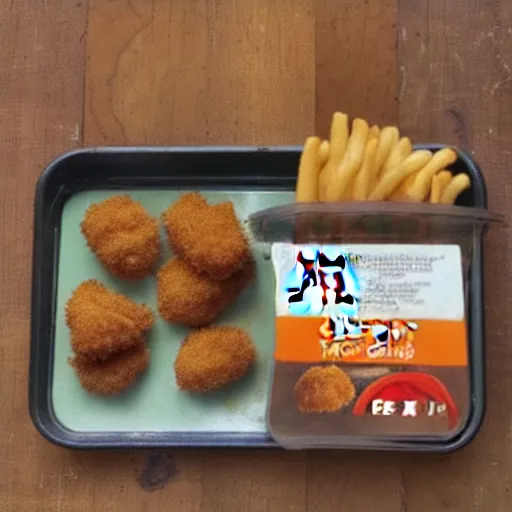 Prompt: farm chicken eating McDonalds chicken nuggets