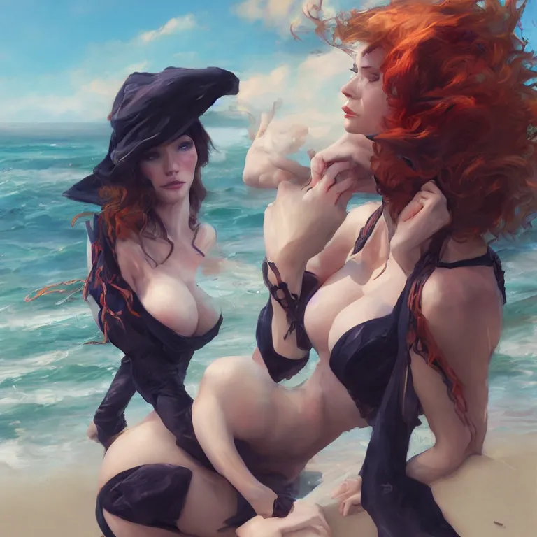 Prompt: 25 year old Christina Hendricks as a sexy witch at the beach by Ruan Jia and Mandy Jurgens and Artgerm and william-adolphe bouguerea, highly detailed, trending on artstation, award winning,