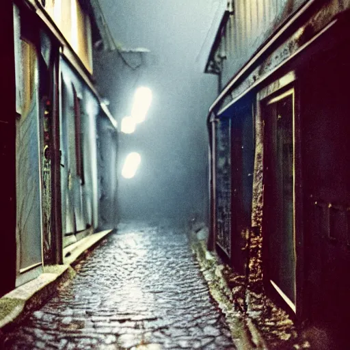 Prompt: kodak portra 4 0 0, wetplate, 8 5 mm carl zeiss, blueberry, award - winning colour by britt marling : a dark rainy alleyway at night, a mysterious figure looming, vivid caustics, quadratic quadratic picture frames, cinematic haze