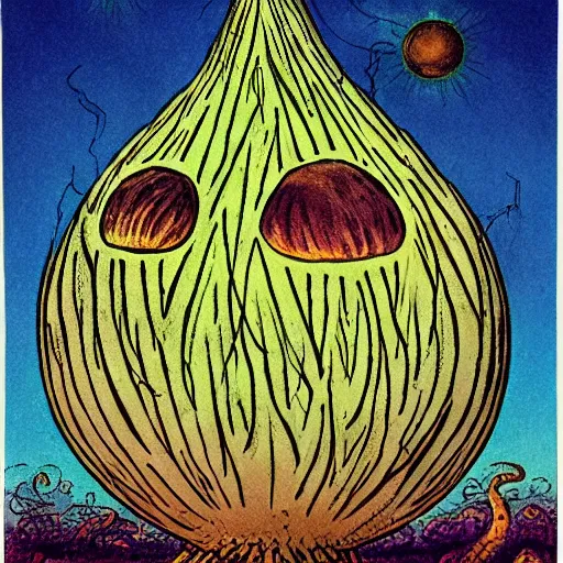 Prompt: Lovecraftian Giant Onion worshipped by a cult, communist propaganda