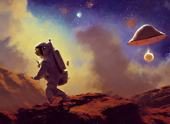 Image similar to craig mullins and ghibli digital illustration of an astronaut floating in the middle of the cosmos playing the oud playing the oud oud oud!!! improvisation, full body!!!, strong contrast, earth, galaxies, ethereal, inviting, bright, unreal engine, hyper realism, realistic shading, cinematic composition, wide shot