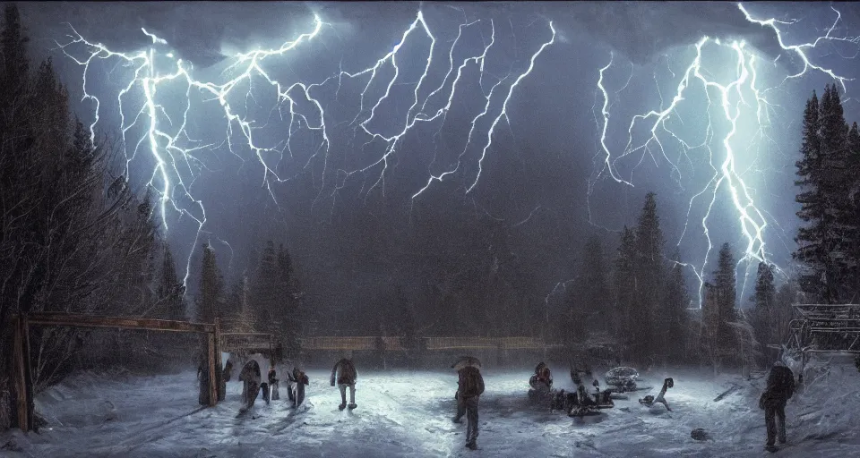 Image similar to slipknot concert, snowy, windy, by eugene von guerard, ivan shishkin, night, lightning!!, storm!, dramatic lighting, concept art, trending on artstation, 8 k