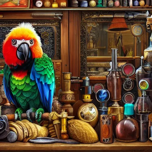 Prompt: Anthropomorphized parrot trader in his shop, medium shot, hands on counter, items, weapons, magic potions, trinkets, carpet, lamps, window, fancy hat, warm light, sly expression, cunning expression, cute expression, long thick shiny black beak, D&D, fantasy, cinematic lighting, highly detailed, digital painting, artstation, concept art, smooth, sharp focus, illustration, warm light, cozy warm tint, strong colours, magic the gathering artwork, volumetric lighting, 8k, art by Akihiko Yoshida, Greg Rutkowski