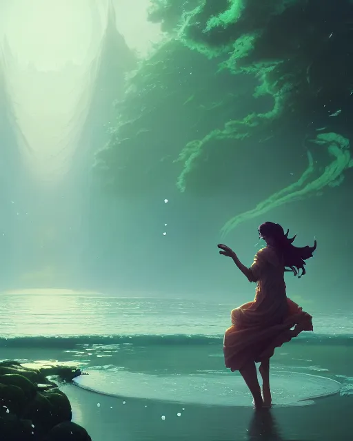 Image similar to highly detailed vfx portrait of a mage casting water spell, unreal engine, greg rutkowski, loish, rhads, beeple, makoto shinkai and lois van baarle, ilya kuvshinov, rossdraws, tom bagshaw, alphonse mucha, global illumination, detailed and intricate environment