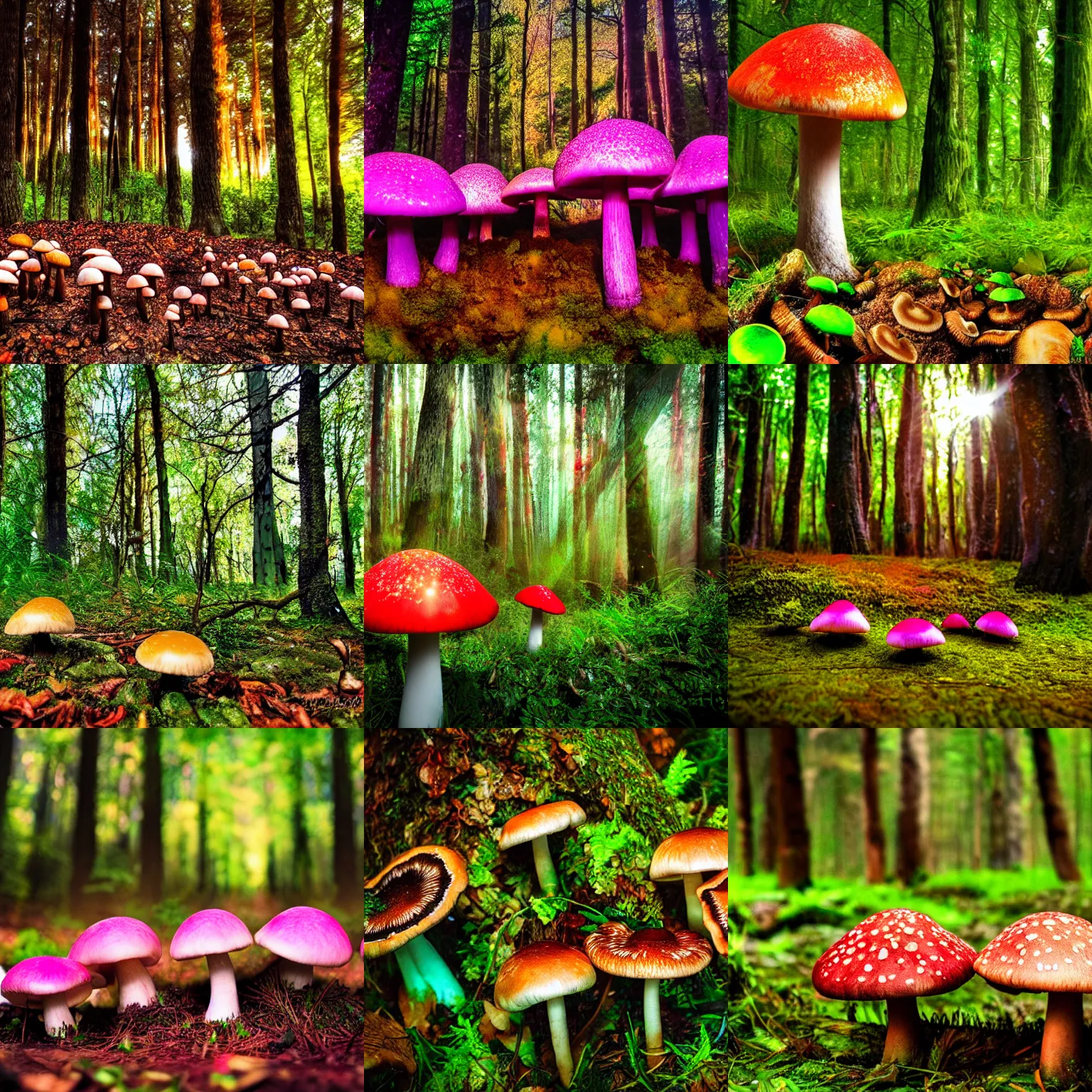 Prompt: mushrooms in the forest, psychedelic, multicolor light, hd photography