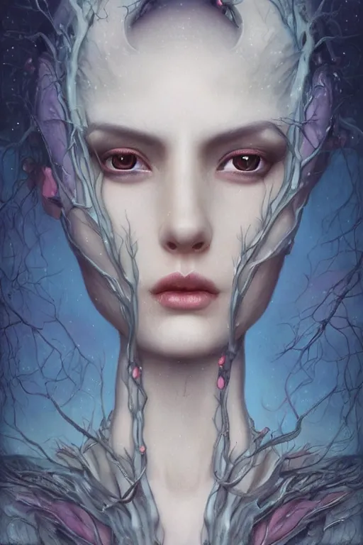 Image similar to portrait of an elegant alien tree woman queen, straight on portrait, by artgerm, tom bagshaw, gerald brom, vaporwave colors, lo - fi colors, vaporwave, lo - fi, moody vibe, goth vibe, 4 k, hd,