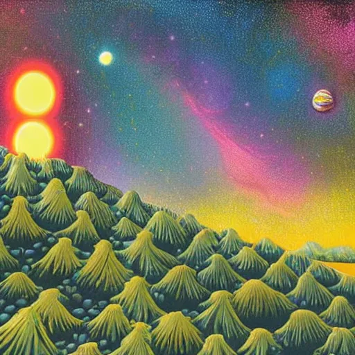 Prompt: psychedelic trippy couch pine forest planets milky way sofa by tim white