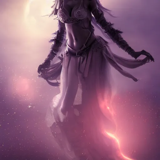 Prompt: a beautiful female bloodmoon witch character, character is in all its glory, character is in her natural relaxed pose, full body shot, rim lights, particles and dust in the air, fancy clouds, highly detailed professional photo, dynamic lights, particles are flying, depth of field, trending on artstation, professional illustration, hyper realistic, vray caustics, super detailed, colorful accents, cinematic shot