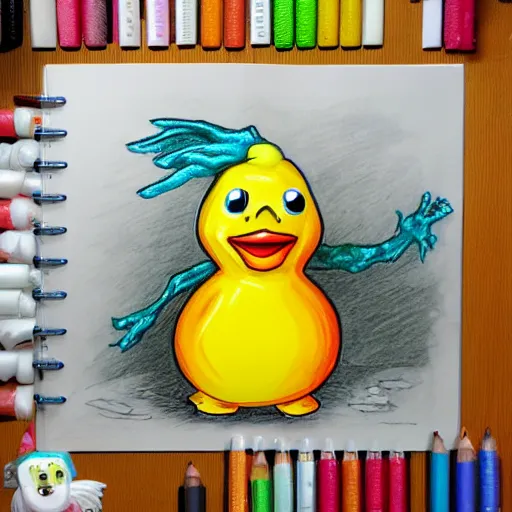 Image similar to rubber duck horror, rubber duck mutant, rubber duck zombie horror, drawing