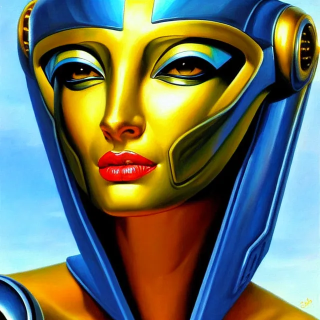 Image similar to a beautiful painting cyberpunk robot queen of egypt face, by boris vallejo realistic oil painting