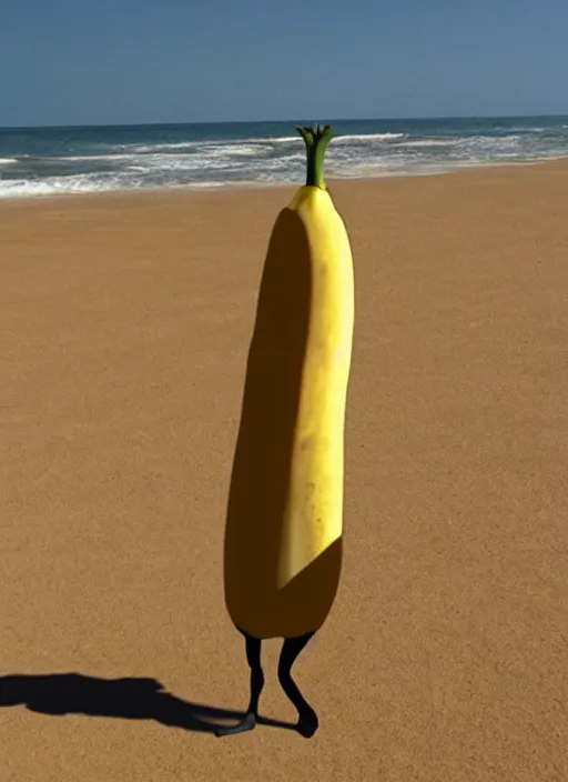 Image similar to jeff goldblum as a banana on the sand of a beach