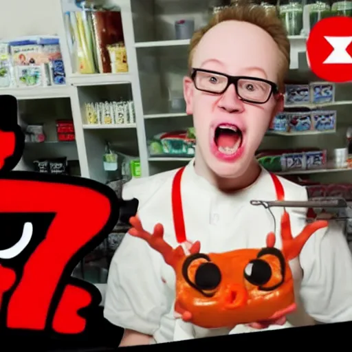 Image similar to YouTube thumbnail of new MrTLexify mukbang video, MrTLexify makes a surprised face