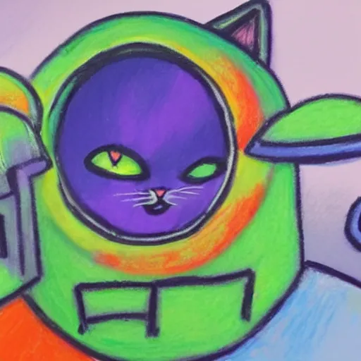 Image similar to an oil pastel painting of an annoyed cat in a spaceship