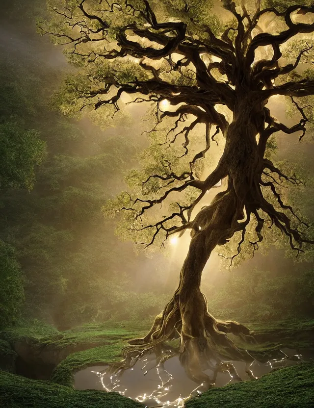 Prompt: a beautiful ancient oak tree with glowing lights in the branches with winding buttressed roots rising above a cairn covered in miss in the mist with sparkling streams and rivulets of water running down into an underground lake by james jean by roger dean by lee madgewick, at dawn, volumetric light, spiritual light, houdini particles, trending on artstation