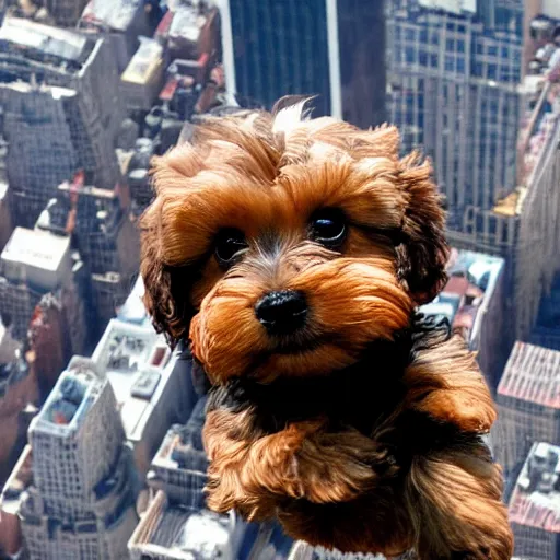 Prompt: close-up of a Yorkie-poo puppy parachuting above New York City