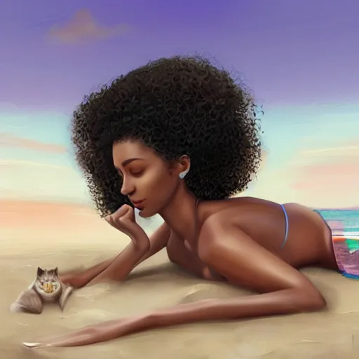 Prompt: a somali woman with curly hair, relaxing on the beach, contemplative, two cats on the beach, muted colours, beautiful, digital painting, illustration, high quality, detailed, dreamy