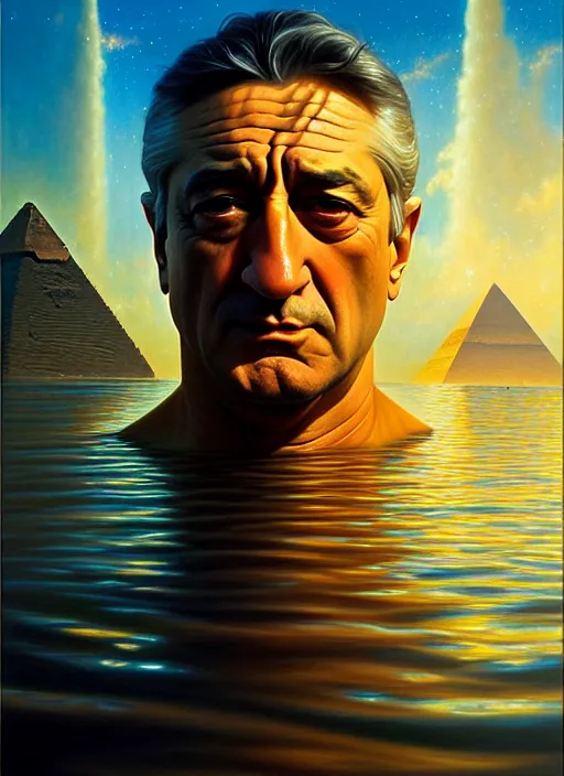 Prompt: portrait oil painting of the silhouette of robert de niro in the nilo river, egypcian, pyramids, nilo river, water reflection, ultra realistic, intricate details, luminous skies, highly detailed, michael cheval, peter mohrbacher, boris vallejo, jessica rossier, oil painting, highly detailed, cinematic lighting