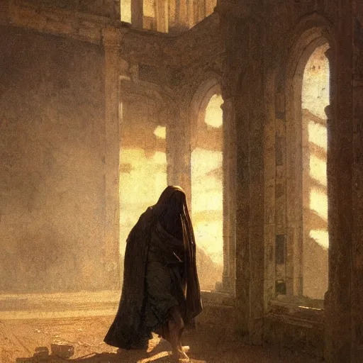 Image similar to half portait of magican wearing a closed cowl and carrying big old book! jeremy mann, jean leon gerome, tiepolo, alphonse mucha, greg rutkowski, face in the shadows, ( ( ruins of ancient rome ) ), at dusk, mysterious atmosphere, sunrays, dof, masterpiece, high detailed, 8 k