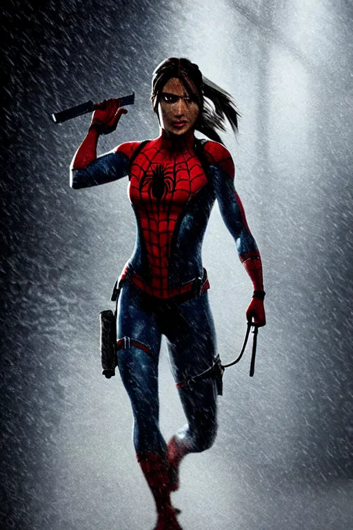 Image similar to cinematic of lara croft as spiderman, dramatic rain, 8 k, moody lighting