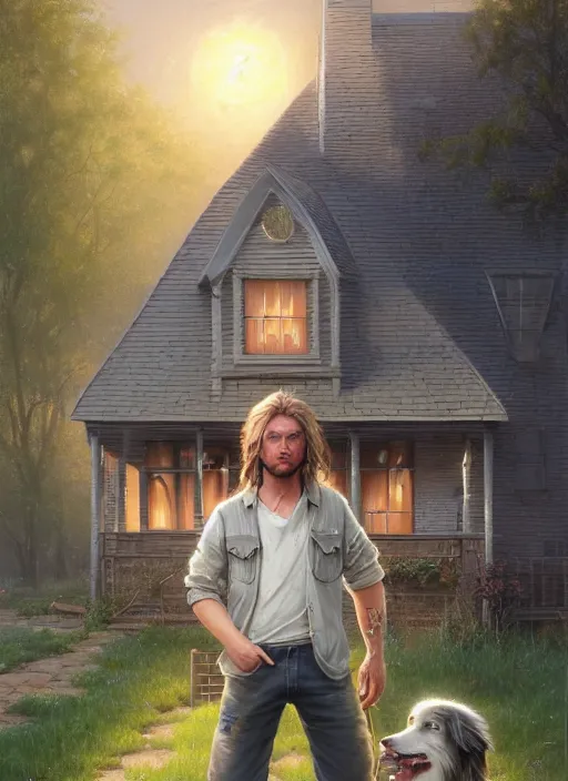 Prompt: highly detailed portrait of a blonde long - haired hillbilly in front of old style house, with his fluffy light gray australian shepherd, stephen bliss, art by greg rutkowski, loish, rhads, ferdinand knab, makoto shinkai and lois van baarle, artgerm, pixar, ilya kuvshinov, rossdraws, tom bagshaw, global illumination