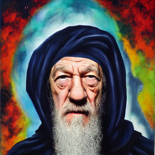 Prompt: abstract painting of ian mckellen as osama bin laden in a dark hood fighting an alien invasion by creatures from jupiter, arial shot, highly detailed, award painting, 8 k