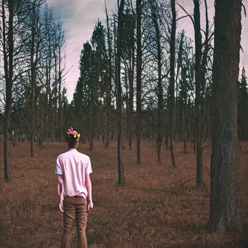 Prompt: kodak portra 4 0 0 photograph of a skinny blonde guy standing in field of dead trees, back view, flower crown, moody lighting, telephoto, 9 0 s vibe, blurry background, vaporwave colors, faded!,