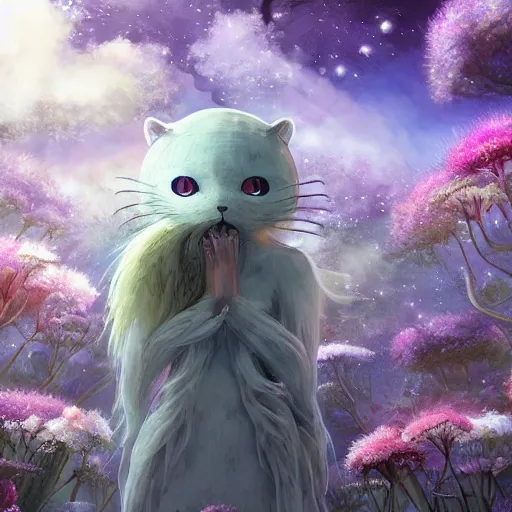 Prompt: detailed spirit creature with eyes in the flowers at night made by studio ghibli, beautiful scene, detailed, high quality, high details, smooth, ghibli artstyle, 8 k, detailed creature, fantasy