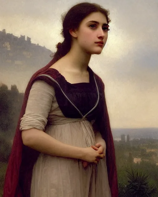 Image similar to a 16-year old girl who resembles Ana de Armas and Saoirse Ronan, wearing a transparent raincoat, detailed oil painting by William Adolphe Bouguereau