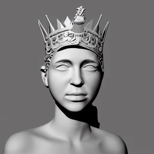 Image similar to 3 d render of a sculpture of a tall girl with long hair and a crown on her head, no colors, white and black, plastic, 4 k, 8 k, hd,