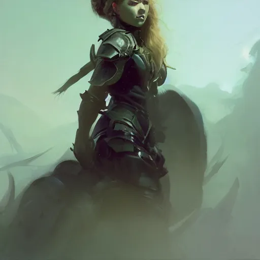 Image similar to side portrait of imogen poots, deathknight, matte painting, bold shapes, hard edges, octane render, trending on artstation, sickly green backlit glow, by greg manchess, huang guangjian, gil elvgren, sachin teng, greg rutkowski, jesper ejsing, ilya kuvshinov, cushart krenz