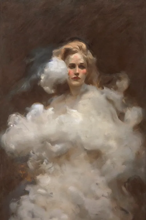 Prompt: 4k Detailed portrait by John Singer Sargent of A woman shrouded in a cloud of smoke