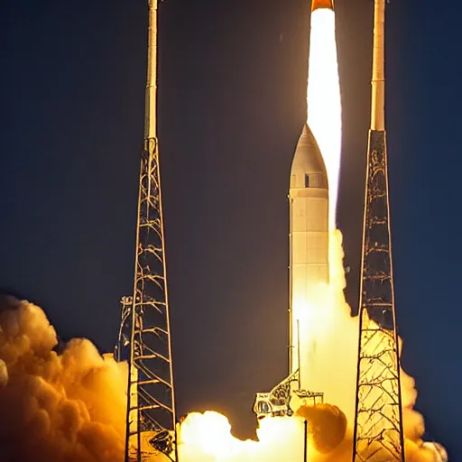 Prompt: nighttime launch of the space launch system from lc - 3 9 b at kennedy space center, 2 0 2 5