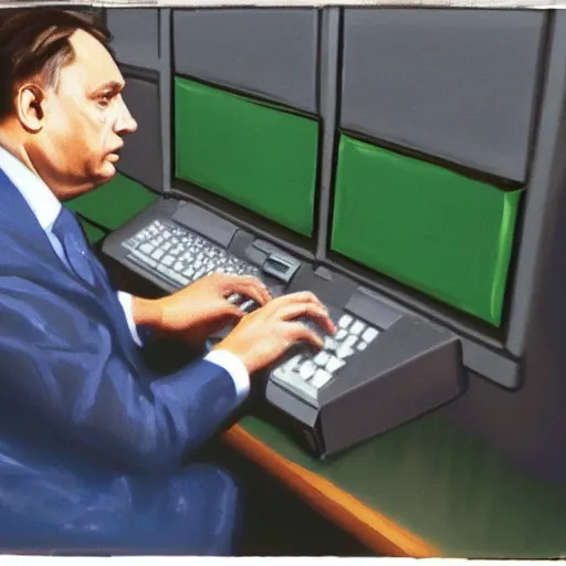 Image similar to viktor orban programming a commodore 6 4 in a cubicle, oil painting