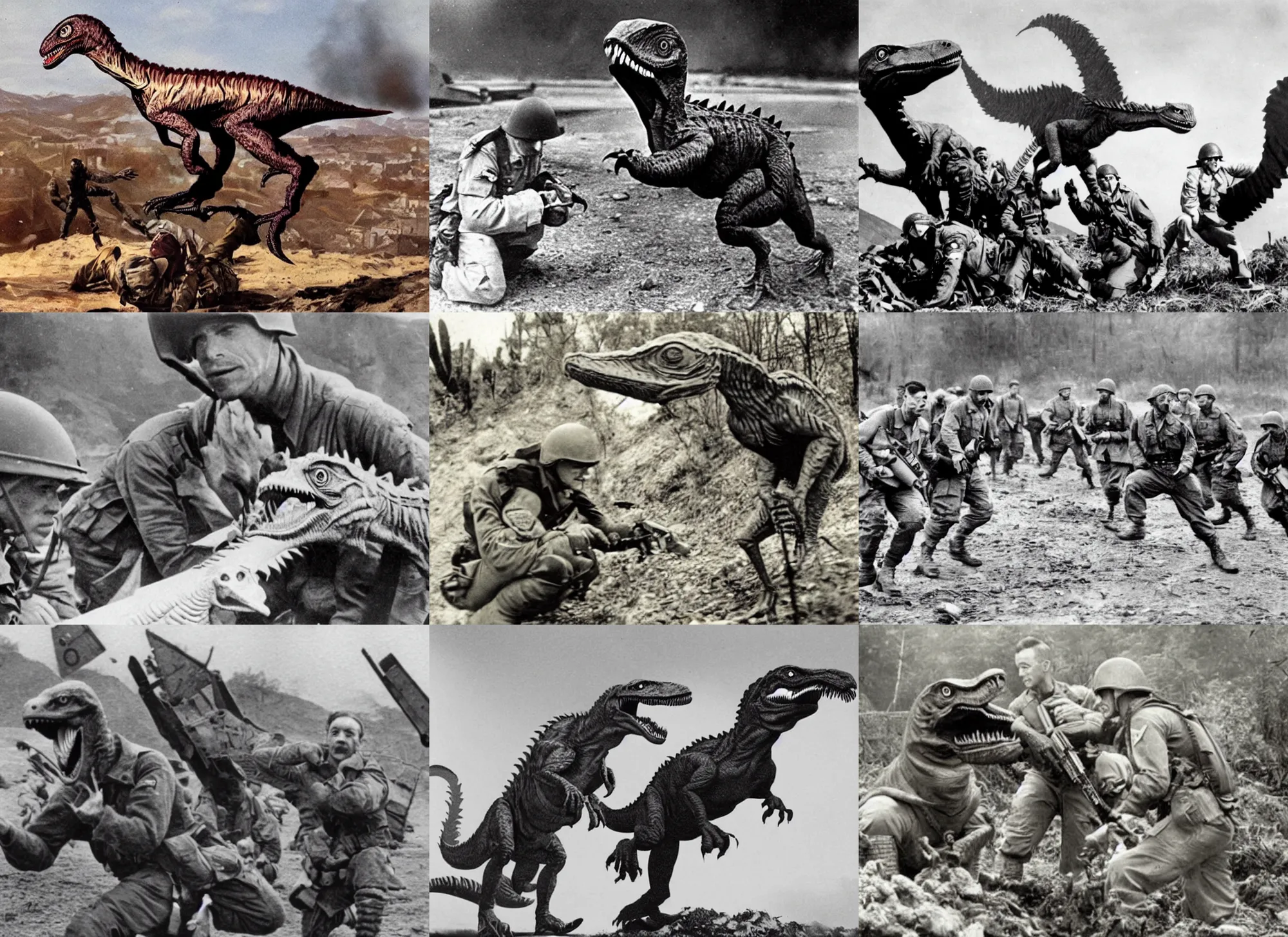 Prompt: Velociraptor helping allied soldiers in WWII