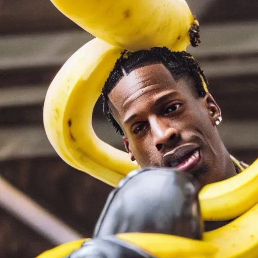 Prompt: travis scott riding a banana, realistic, sharp focus, ultra high details, 8 k, hd, sharp, detailed face