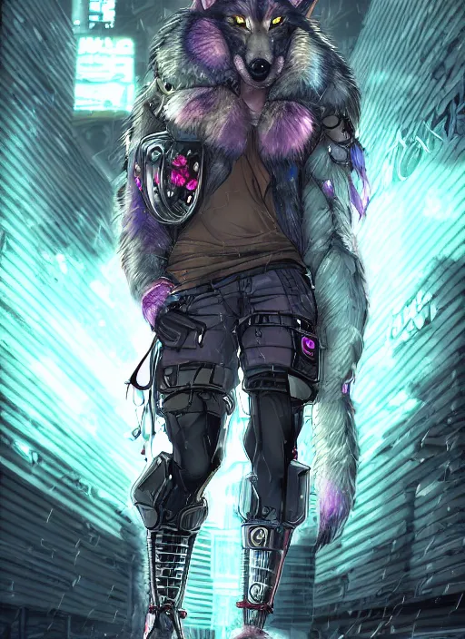 Prompt: character portrait of a male muscular anthro wolf fursona with a tail and a cute beautiful attractive detailed furry face wearing stylish cyberpunk clothes in a cyberpunk city at night while it rains. hidari, color page, tankoban, 4K, tone mapping, Akihiko Yoshida. Nomax, Kenket, Rukis, Falvie.