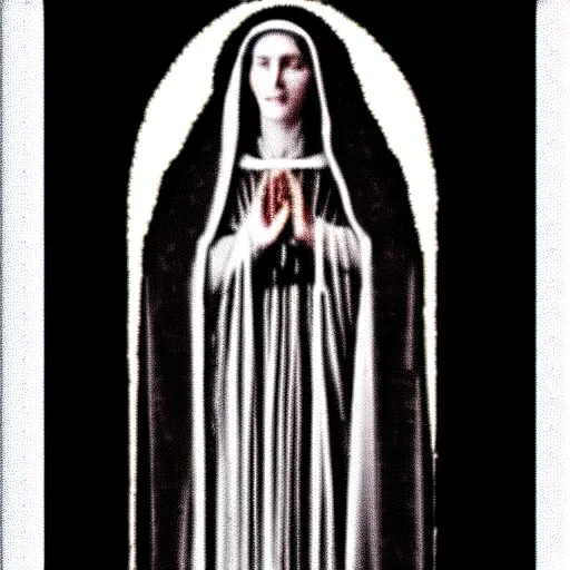 Prompt: marian apparition, found footage, vhs, 1 9 9 0, beautiful, highly realistic, highly detailed, vhs noise static, black and white, vhs glitch