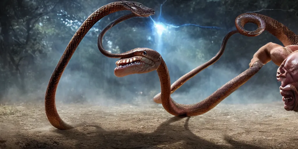 Prompt: The Ryback fighting a snake outdoors, highly detailed, intricate, hyperrealistic, photorealistic, ultra hd, global illumination lighting, award-winning, 4k, beautiful color, high quality, high textured, lens flare