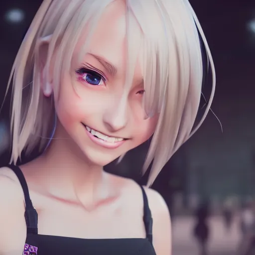 Image similar to a very beautiful 3d anime girl on the street, unreal engine 5 4k render, hazler eyes, cute smile, incredibly high detailed, studio quality, trending on artstation, medium shot, long blonde hair