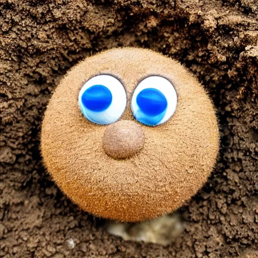 Image similar to photo of a small round creature made of dirt with round blue eyes and a round clown nose and a cute smile