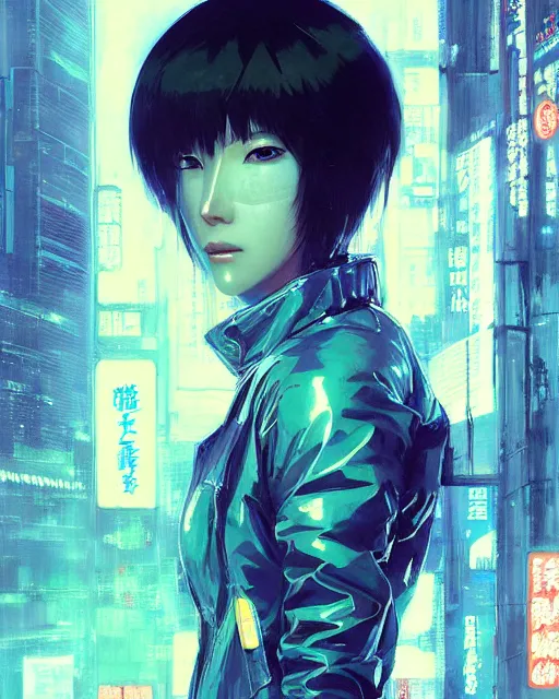 Image similar to detailed portrait motoko kusanagi, cyberpunk futuristic neon, reflective puffy coat, decorated with traditional japanese ornaments by ismail inceoglu dragan bibin hans thoma greg rutkowski alexandros pyromallis nekro rene maritte illustrated, perfect face, fine details, realistic shaded, fine - face, pretty face