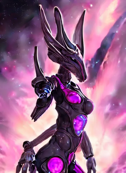 Prompt: cinematic body shot, galactic sized goddess, proportional stunning beautiful hot female warframe, sleek mecha female dragon head, metal ears, led purple eyes, smooth fuschia skin, smooth silver armor, floating in space, holding a galaxy, epic proportions, epic size, epic scale, furry art, dragon art, giantess art, warframe fanart, furaffinity, octane