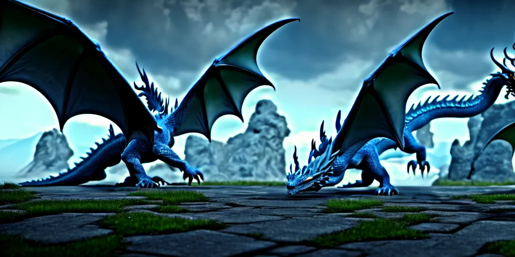 Prompt: all the elemental dragons meeting each other, photorealistic 3 d render, unreal engine, ultra detailed