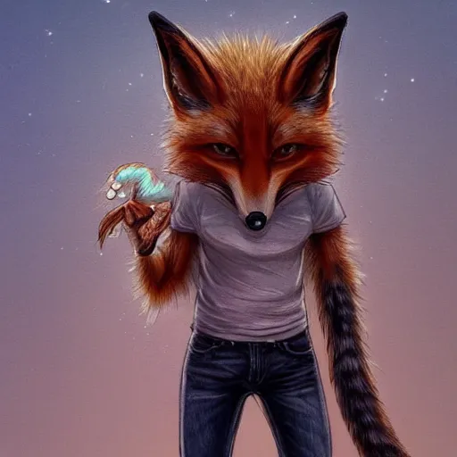 Image similar to A fox wearing a t-shirt and jeans, trending on FurAffinity, energetic, dynamic, digital art, highly detailed, FurAffinity, digital fantasy art