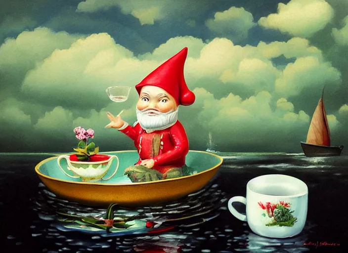 Image similar to a garden gnome sailing in a teacup, whimsical background of a reflective pond on a sunny day with dramatic clouds, an ultrafine detailed painting by mark ryden, trending on deviantart, pop surrealism, whimsical, lowbrow, joyous, perfect cute face