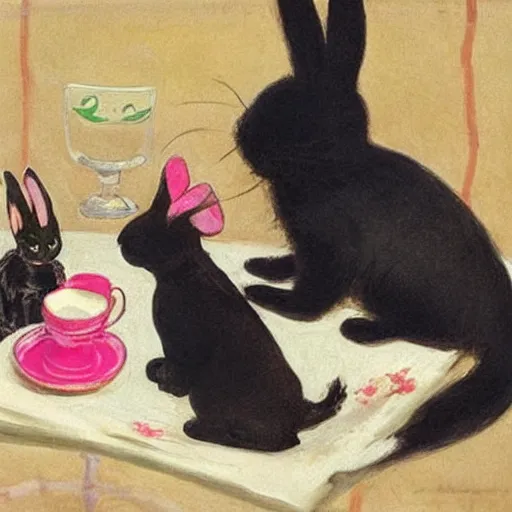 Prompt: a black cat having a picnic with a ((bunny)), the ((bunny)) has pink fur, the cat is drinking tea, highly detailed, painted by John Singer Sargent