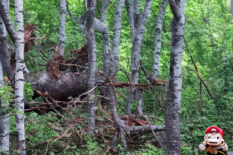 Prompt: donkey kong in a forest knocking down trees, a white birch tree that has fallen over, donkey kong from nintendo 6 4